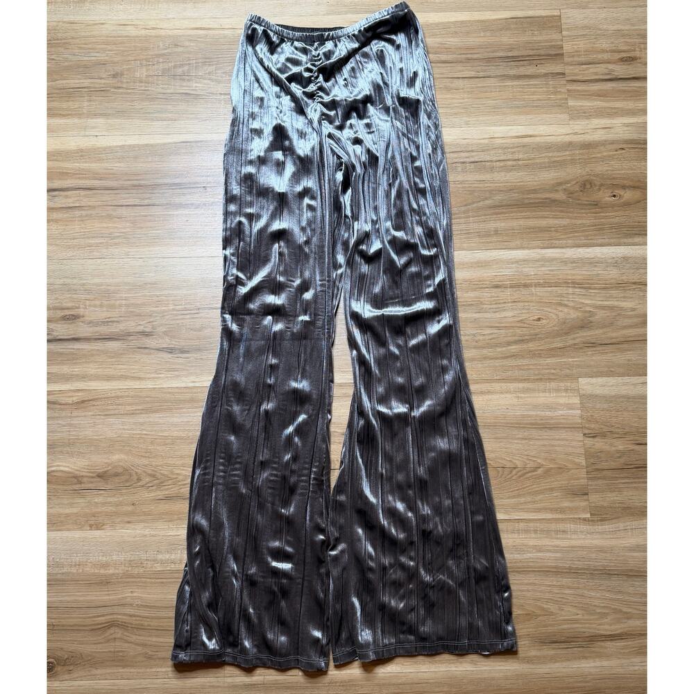 ZARA Silver Crinkle Velvet Wide Leg Flare Pants High Waisted Size S